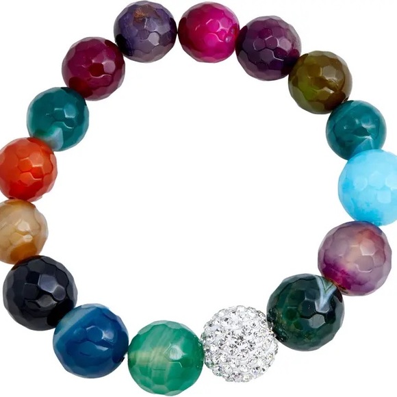 Pavé Ball Agate Stone Beaded Stretch Bracelet - Picture 2 of 2